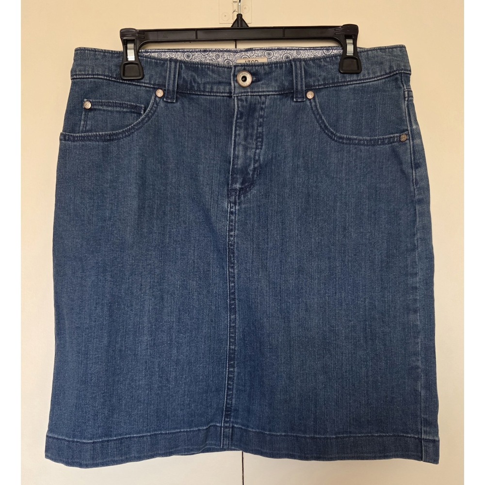 IZOD size 8 Denim Jean Skirt Stretchy Knee Length Zip & Button w/Pockets No Slit